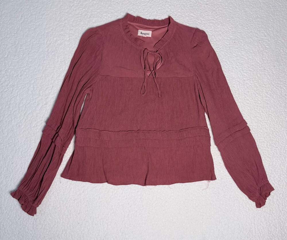 &merci Mauve Textured Tie-Neck Ruffle Blouse Size M